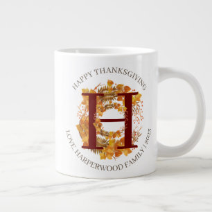 Simple Monogram Fall Harvest Happy Thanksgiving Large Coffee Mug