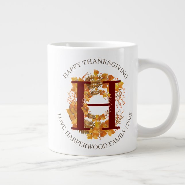 Simple Monogram Fall Harvest Happy Thanksgiving Large Coffee Mug (Right)