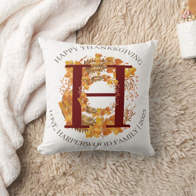 Simple Monogram Fall Harvest Happy Thanksgiving Throw Pillow (Blanket)