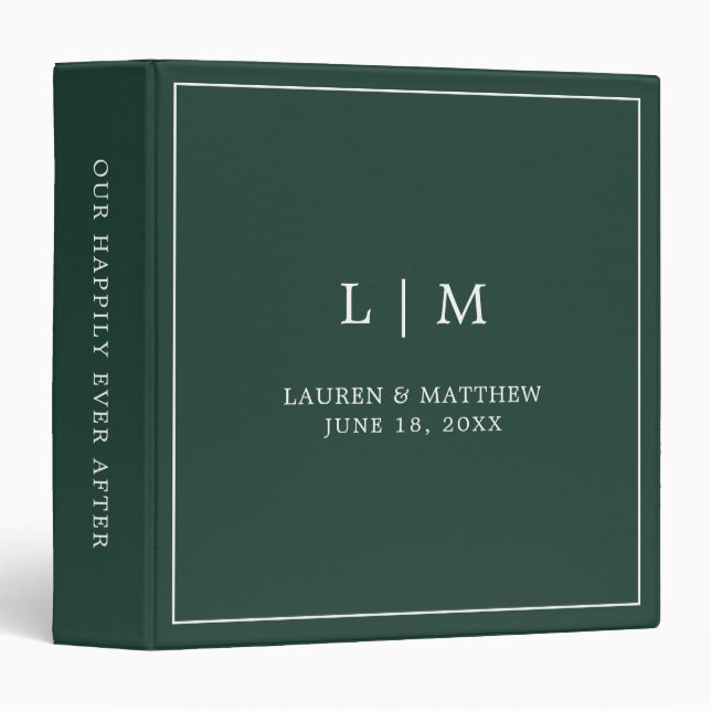 Simple Monogram Forest Green Elegant Wedding Binder (Front/Spine)