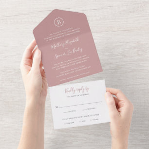 Simple Monogram Formal Elegant Dusty Rose Wedding All In One Invitation
