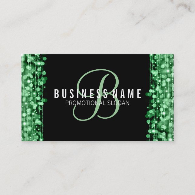 Simple Monogram Green Lights & Sparkles Business Card (Front)