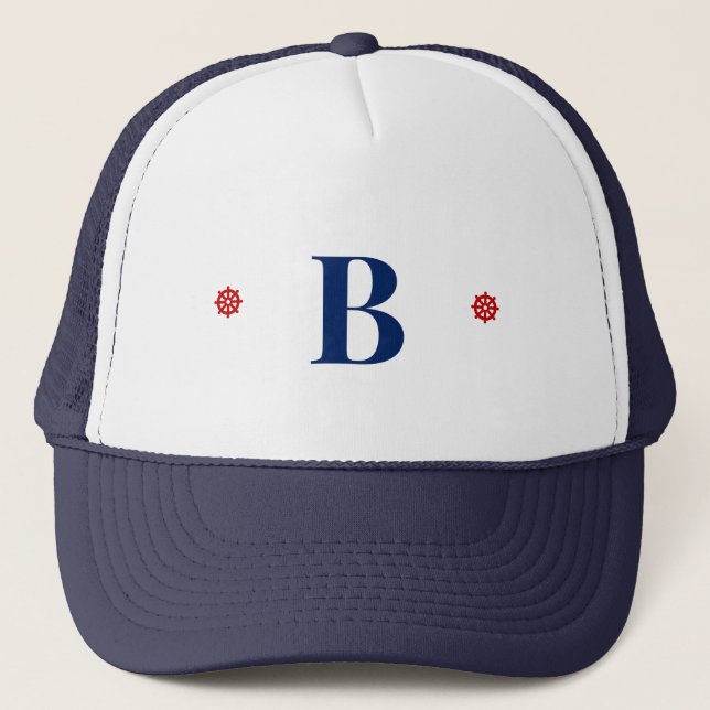 Simple Monogram Initial Nautical Marine Red Rudder Trucker Hat (Front)
