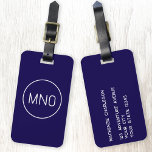 Simple Monogram Initials Minimalist Navy Blue Luggage Tag<br><div class="desc">Modern typography minimalist monogram initial design which can be changed to personalize. Simple circular border to frame the initials. Change the initials and details on reverse to personalize. Nautical navy blue and white.</div>