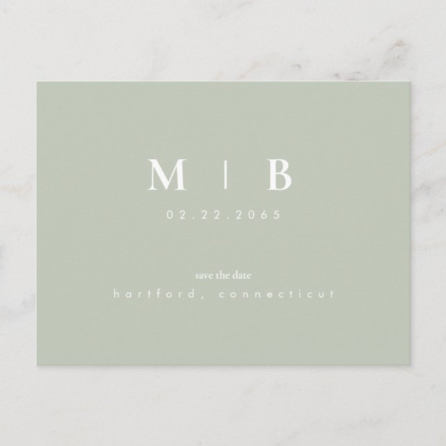 Simple Monogram Light Sage Save the Date QR  Postcard (Front)