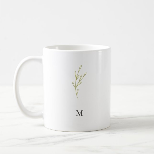 Simple Monogram Minimalist Olive Green Leaf Coffee Mug (Left)