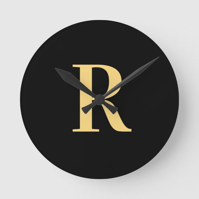 Simple Monogram Modern Black Gold Round Clock (Front)