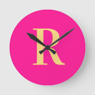 Simple Monogram Modern Hot Pink Round Clock