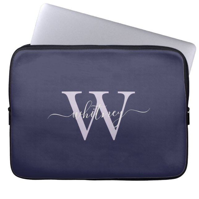 Simple Monogram Name & Initial Monochrome Dark Lap Laptop Sleeve (Front)