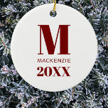 Simple Monogram Name Year Red and White Ceramic Ornament<br><div class="desc">Modern simple typography minimalist monogram name and year design which can be changed to personalize. A festive winter holiday red and white colour scheme.</div>