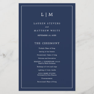 Simple Monogram Navy Blue Budget Wedding Program