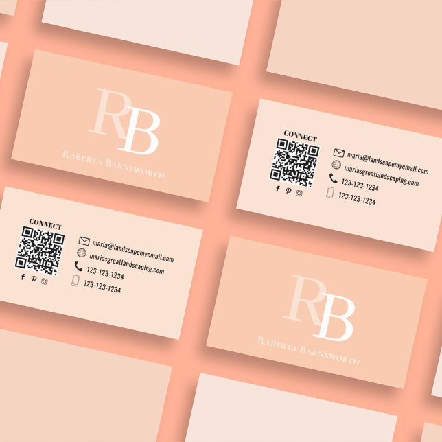 Simple Monogram Peach QR Code | Connect with Me Business Card (Simple monogram business card with solid colored peach theme.)