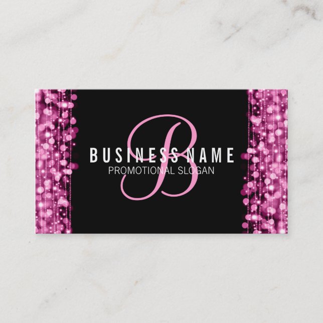 Simple Monogram Pink Lights & Sparkles Business Card (Front)