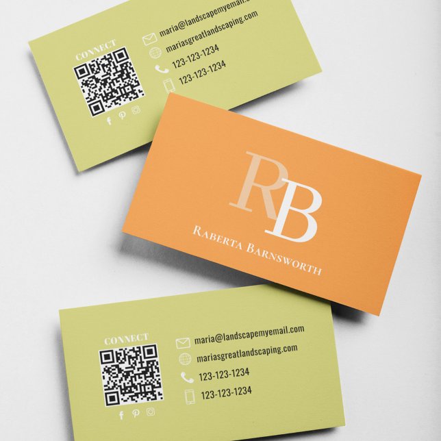 Simple Monogram QR Code Orange | Connect with Me Business Card (Orange and yellow gold two toned business card.)