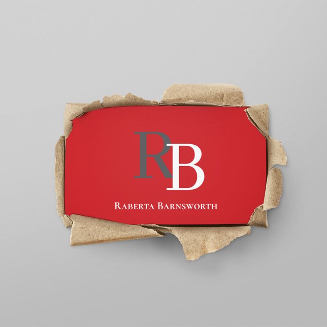 Simple Monogram QR Code Red | Connect with Me Business Card (Red and grey business card with simple monogram.)