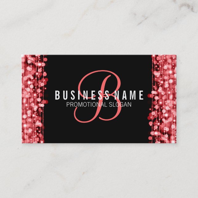 Simple Monogram Red Lights & Sparkles Business Card (Front)