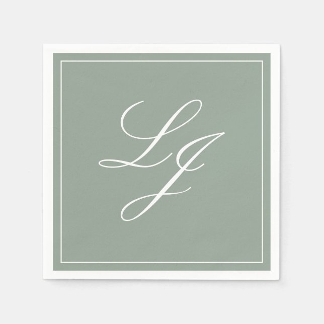 Simple Monogram Sage Green Elegant Script Wedding Napkin (Front)