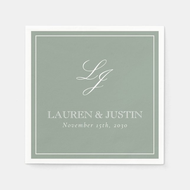 Simple Monogram Sage Green Elegant Script Wedding Napkin (Front)