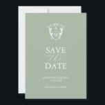 Simple Monogram Sage Green Save The Date<br><div class="desc">Announce your engagement with this modern save the date card. It features a mix of classic and script typography in white over a solid sage green background. Enter the bride and groom's monogram in the centre of a pale blue crest. All the colours can be customized to suite your wedding...</div>