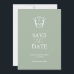 Simple Monogram Sage Green Save The Date<br><div class="desc">Announce your engagement with this modern save the date card. It features a mix of classic and script typography in white over a solid sage green background. Enter the bride and groom's monogram in the centre of a pale blue crest. All the colours can be customized to suite your wedding...</div>