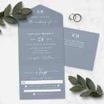 Simple Monogram & Script Dusty Blue Wedding All In One Invitation<br><div class="desc">Simple Monogram & Script Dusty Blue Wedding All in One Invitations. This modern minimal wedding invite design is simple classic and elegant with a solid colour and a pretty signature script calligraphy font with tails. Shown in the new Colorway. This easy to use template and invite allows for your invitation...</div>