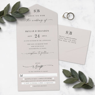 Simple Monogram & Script Ivory Off-White Wedding  All In One Invitation