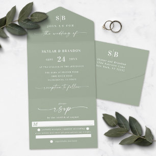 Simple Monogram & Script Leaf Green Wedding All in One Invitation