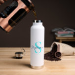 Simple Monogram Script Name Aqua Blue Water Bottle<br><div class="desc">This water bottle has a simple monogram design with aqua blue initial and navy blue script name.</div>