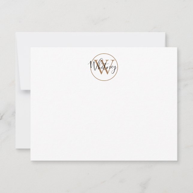 Simple Monogram Script Name Black Gold Note Card (Front)
