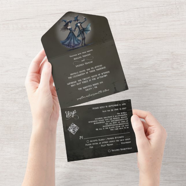 Simple Monogram Skeleton Halloween QR Code Wedding All In One Invitation (Tearaway)