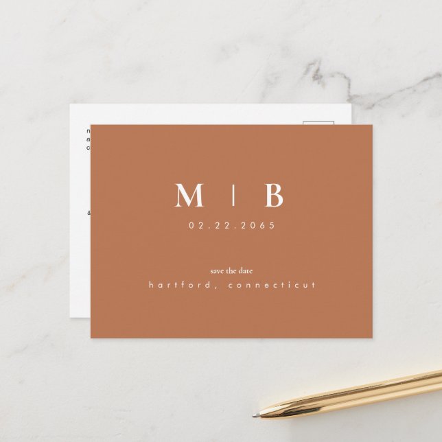 Simple Monogram Terracotta Save the Date QR Announ Announcement Postcard (Front/Back In Situ)