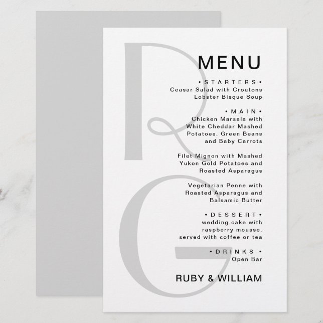 Simple Monogram Typography minimalist wedding menu (Front/Back)