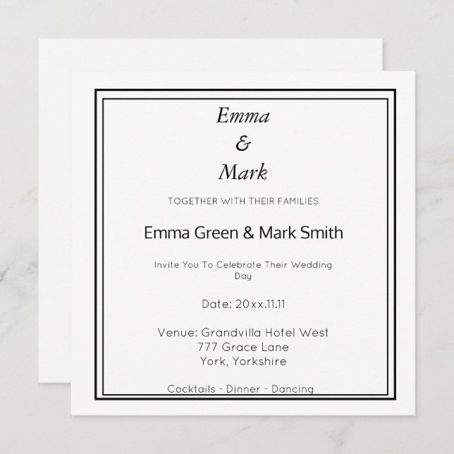 Simple Monogram Wedding White Square Invitation (Front/Back)
