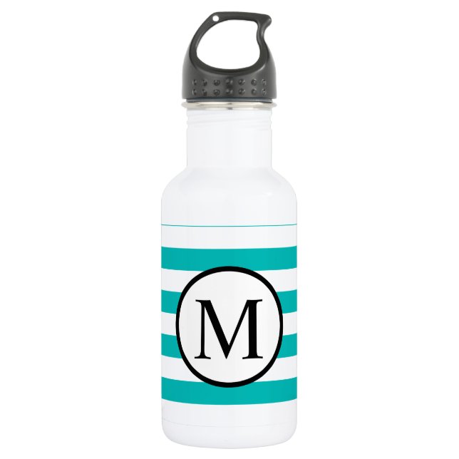 Simple Monogram with Aqua Horizontal Stripes 532 Ml Water Bottle (Front)