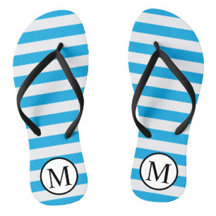 Simple Monogram with Blue Horizontal Stripes Flip Flops