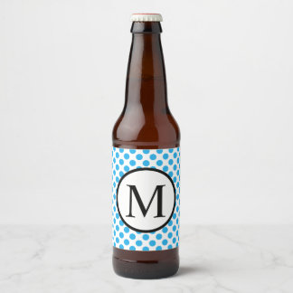 Simple Monogram with Blue Polka Dots Beer Bottle Label