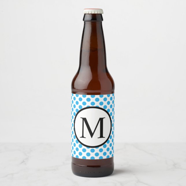 Simple Monogram with Blue Polka Dots Beer Bottle Label (Front)