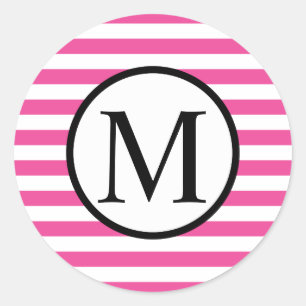 Simple Monogram with Pink Horizontal Stripes Classic Round Sticker