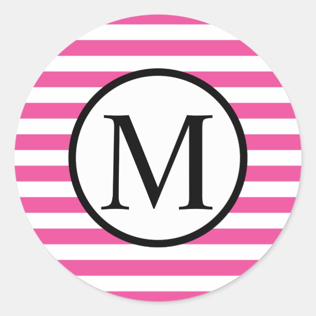 Simple Monogram with Pink Horizontal Stripes Classic Round Sticker (Front)