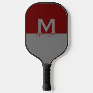 Simple monogrammed design in gray & burgundy pickleball paddle