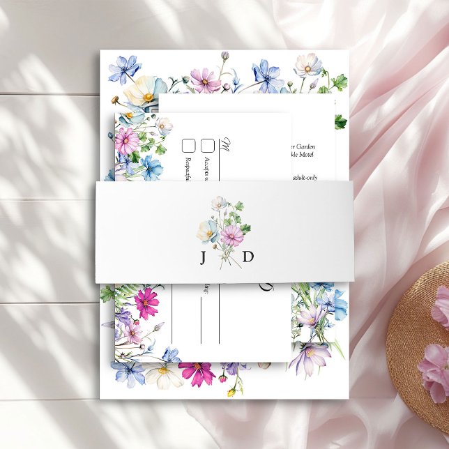 Simple Monogrammed Floral Wildflower Posy Wedding Invitation Belly Band (Floral Monogram belly band from the Wildflower Garden Wedding Collection by Darling & May)