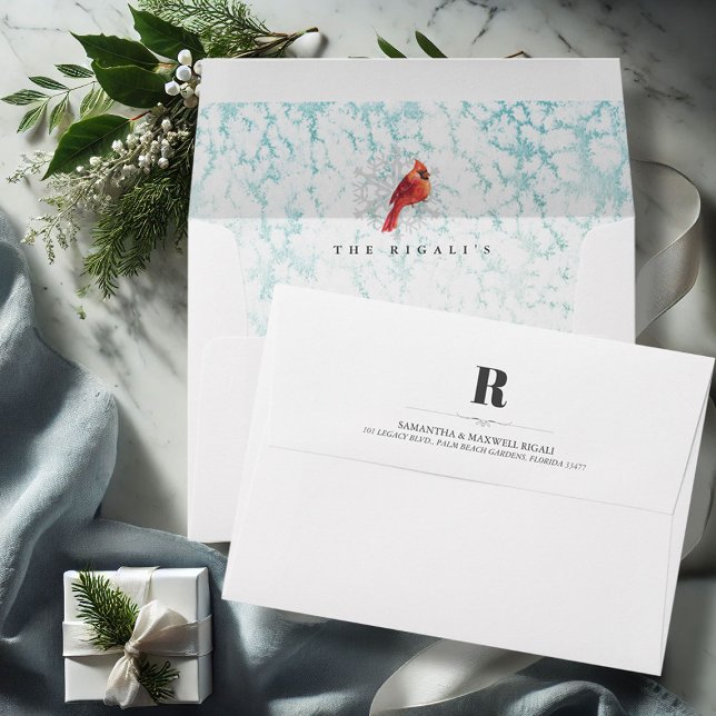 Simple Monogrammed Initial Return Address Wedding Envelope (Winter wedding return address envelope watercolor red cardinal and snow scene)