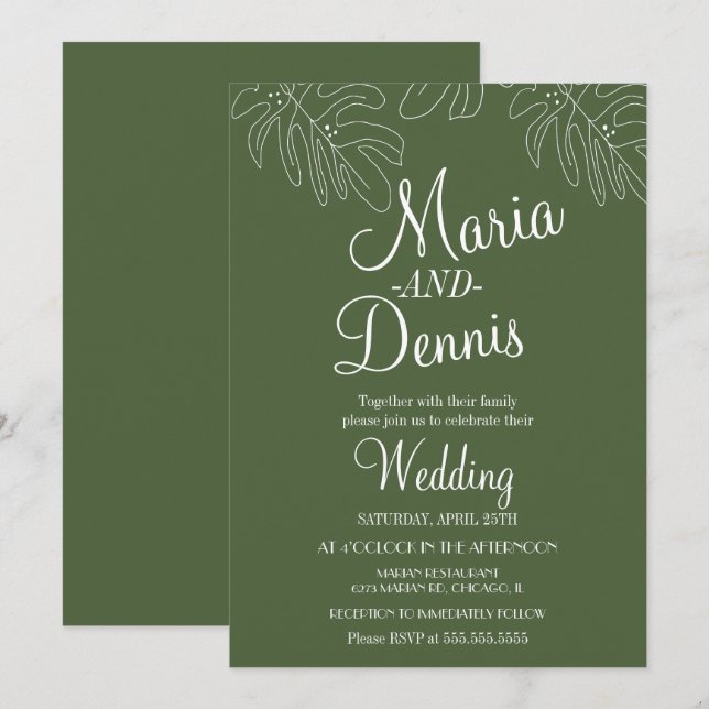 Simple Monstera Line Hand Illustration Green Invitation (Front/Back)