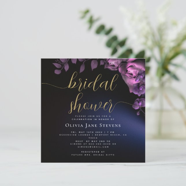 Simple Moody Black Dark Purple Roses Bridal Shower Invitation (Standing Front)