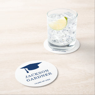 Simple Mortar Board Navy Blue Modern Graduation Round Paper Coaster