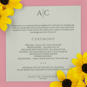 Simple Moss & Sage Green Monogram Wedding Ceremony Program