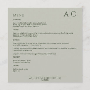 Simple Moss & Sage Monogram Wedding Reception Menu