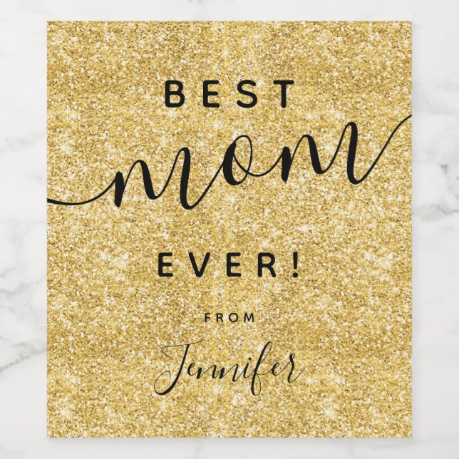 Simple Mother's Day Best Mom Gold Glitter  Wine Label (Single Label)