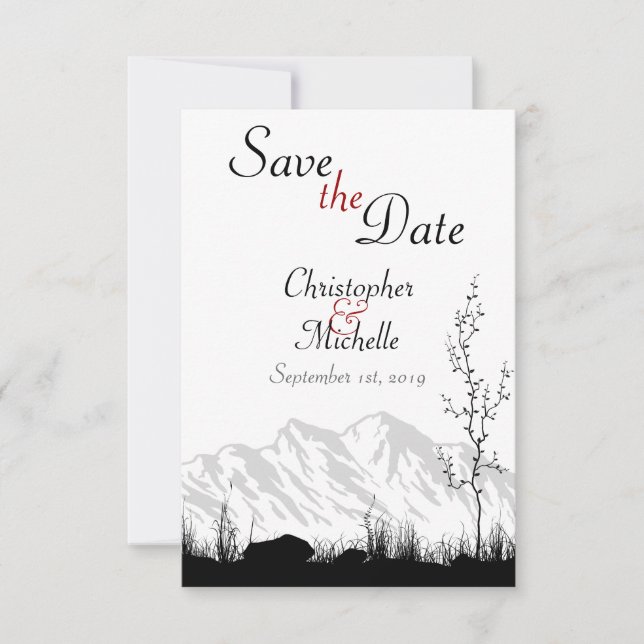 Simple Mountain Scene Black, White and Red Wedding Save The Date (Front)