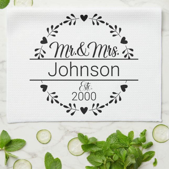 Simple Mr Mrs Couple Name Monogram Kitchen Towel (Folded)